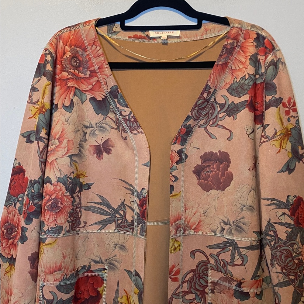 Solitaire Faux Suede Duster Women’s Large Pink Floral Print Open Front Beautiful - Picture 3 of 15